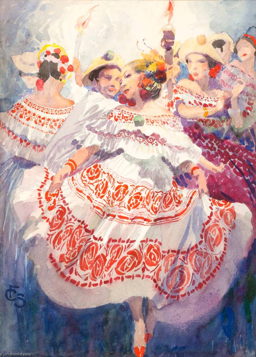 Wikioo.org - The Encyclopedia of Fine Arts - Painting, Artwork by Carl Folke Sahlin - Dancers in Dress Costume, la Pollera of Panama