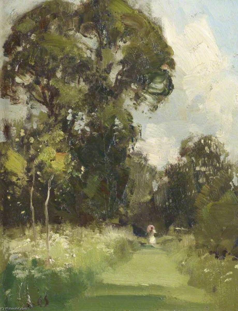 Wikioo.org - The Encyclopedia of Fine Arts - Painting, Artwork by Edward Brian Seago - Anglesey Abbey Gardens, with a Lady in White on a Grass Path, Holding a Parasol