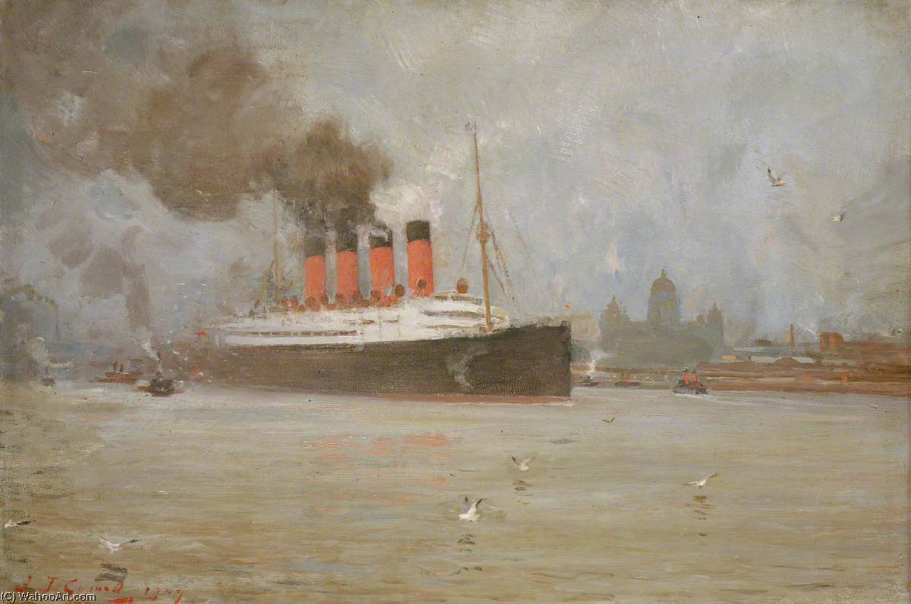 Wikioo.org - The Encyclopedia of Fine Arts - Painting, Artwork by Frank Thomas Copnall - The Steamship 'Lusitania' in the Mersey, November 1907