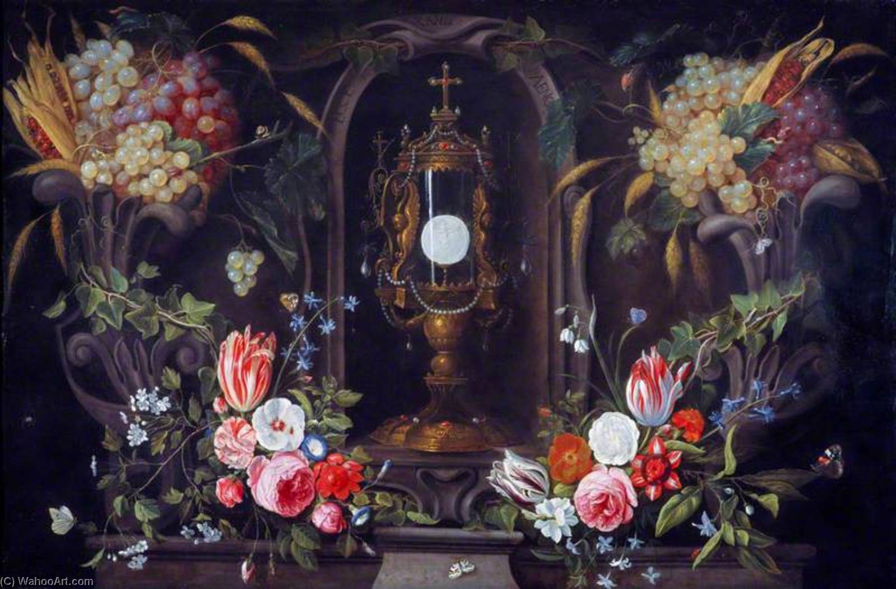 Wikioo.org - สารานุกรมวิจิตรศิลป์ - จิตรกรรม Jan Van Kessel The Elder - Still Life of Flowers and Grapes Encircling a Monstrance in a Niche