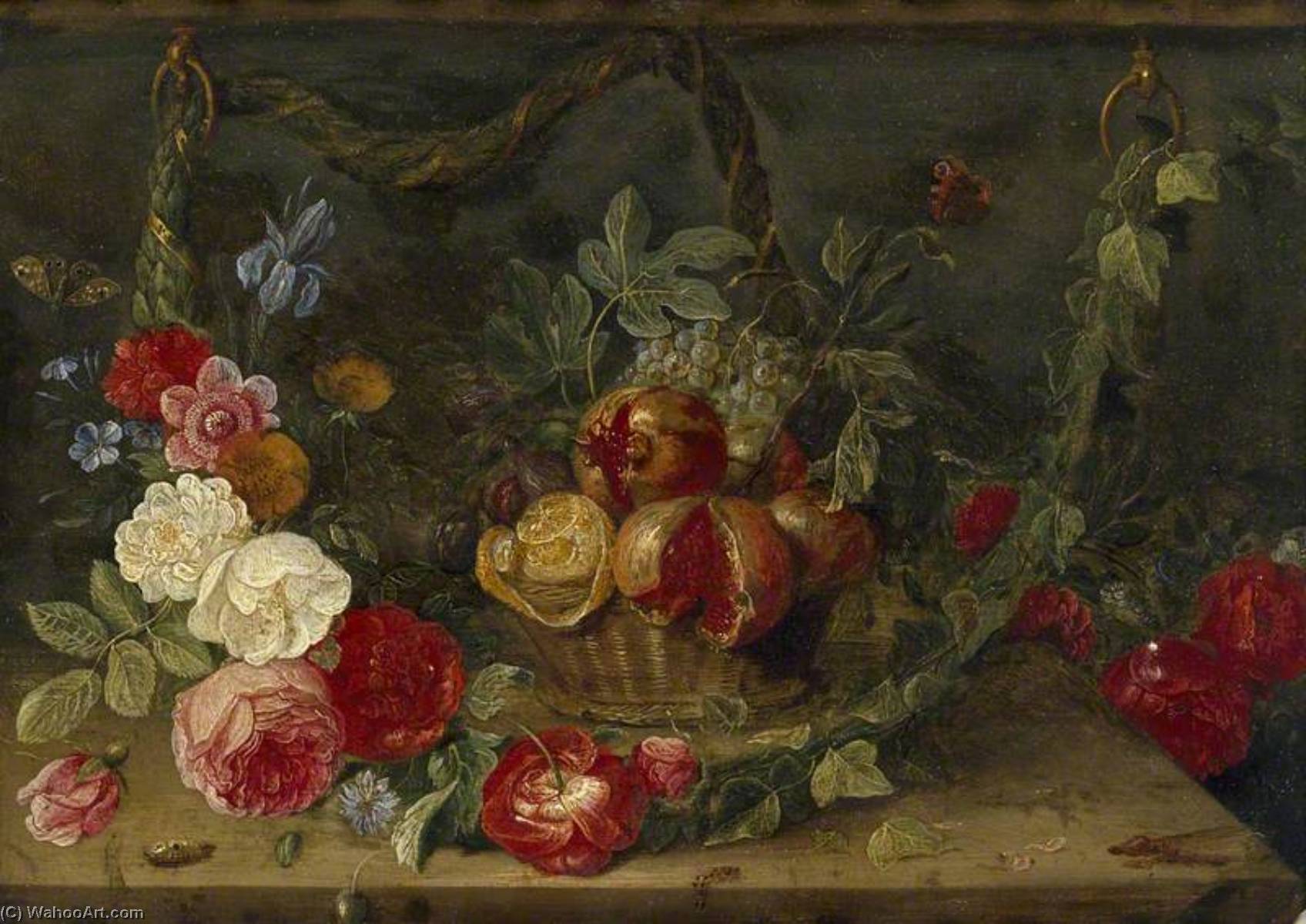 Wikioo.org - The Encyclopedia of Fine Arts - Painting, Artwork by Jan Van Kessel The Elder - Decorative Still Life Composition with a Basket of Fruit