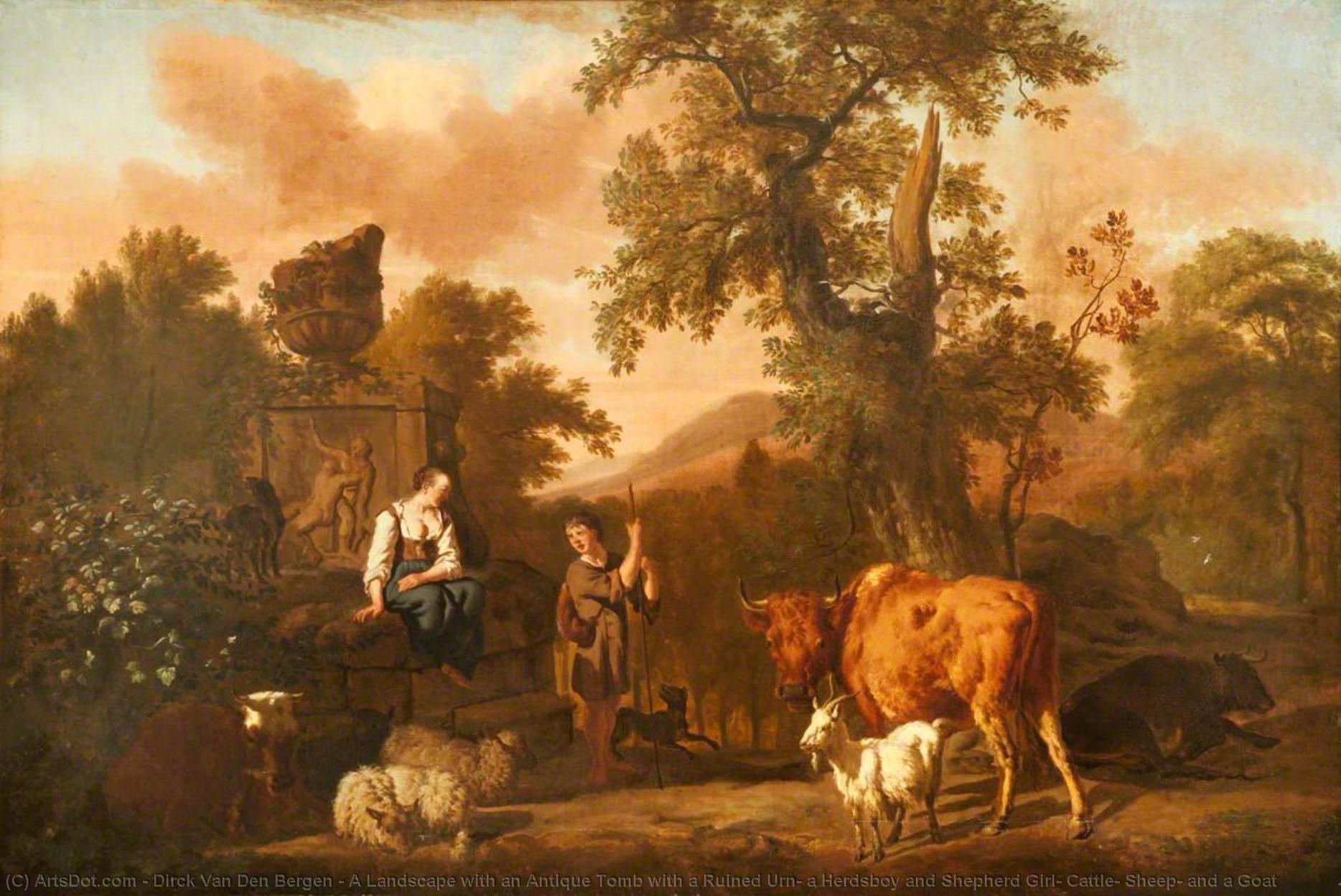 Wikioo.org - The Encyclopedia of Fine Arts - Painting, Artwork by Dirck Van Den Bergen - A Landscape with an Antique Tomb with a Ruined Urn, a Herdsboy and Shepherd Girl, Cattle, Sheep, and a Goat