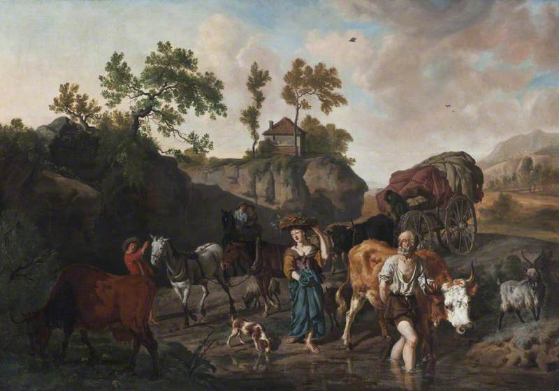 Wikioo.org - The Encyclopedia of Fine Arts - Painting, Artwork by Dirck Van Den Bergen - Landscape with an Old Herdsman and Young Market Girl Fording a Stream Followed by Two Horse and Carts with Grooms
