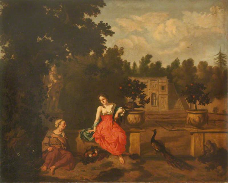 Wikioo.org - The Encyclopedia of Fine Arts - Painting, Artwork by Dirck Van Den Bergen - Vertumnus and Pomona in a Garden, with Juno's Peacock