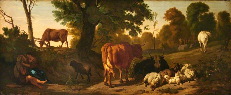 Wikioo.org - The Encyclopedia of Fine Arts - Painting, Artwork by Dirck Van Den Bergen - Landscape with Cattle, Sheep, a Horse, a Goat and a Courting Couple of Rustics