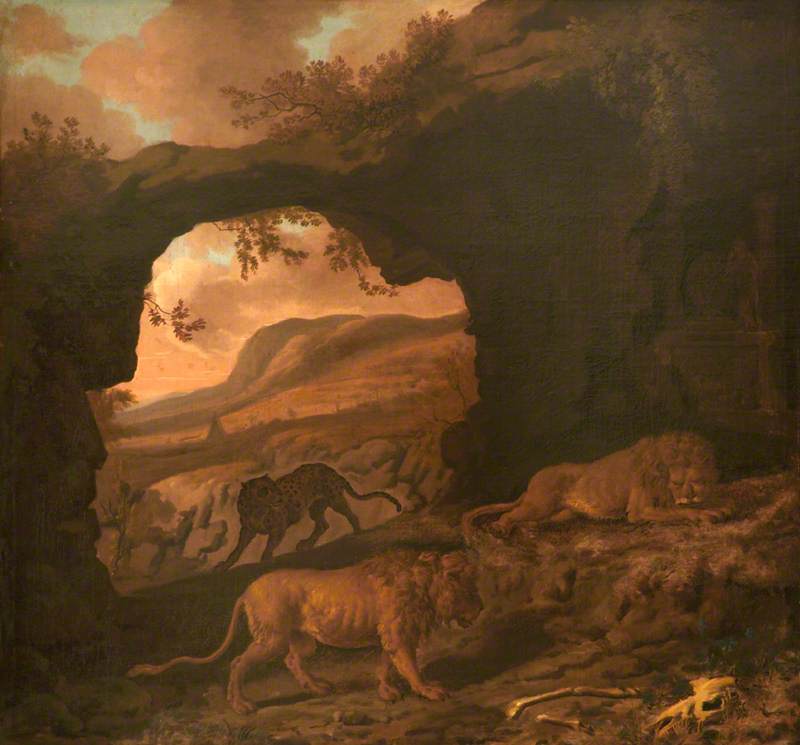 Wikioo.org - The Encyclopedia of Fine Arts - Painting, Artwork by Dirck Van Den Bergen - A Pair of Lions with a Leopard in a Cave