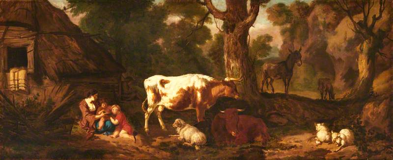 Wikioo.org - The Encyclopedia of Fine Arts - Painting, Artwork by Dirck Van Den Bergen - A Mother with Two Children, Two Cows, Sheep, and an Ass, in a Clearing outside a Cottage