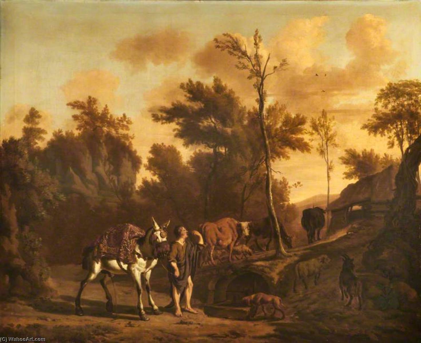 Wikioo.org - The Encyclopedia of Fine Arts - Painting, Artwork by Dirck Van Den Bergen - Landscape with a Herdsman Leading a Staling Mule, a Goat, Dog, Cattle and Sheep