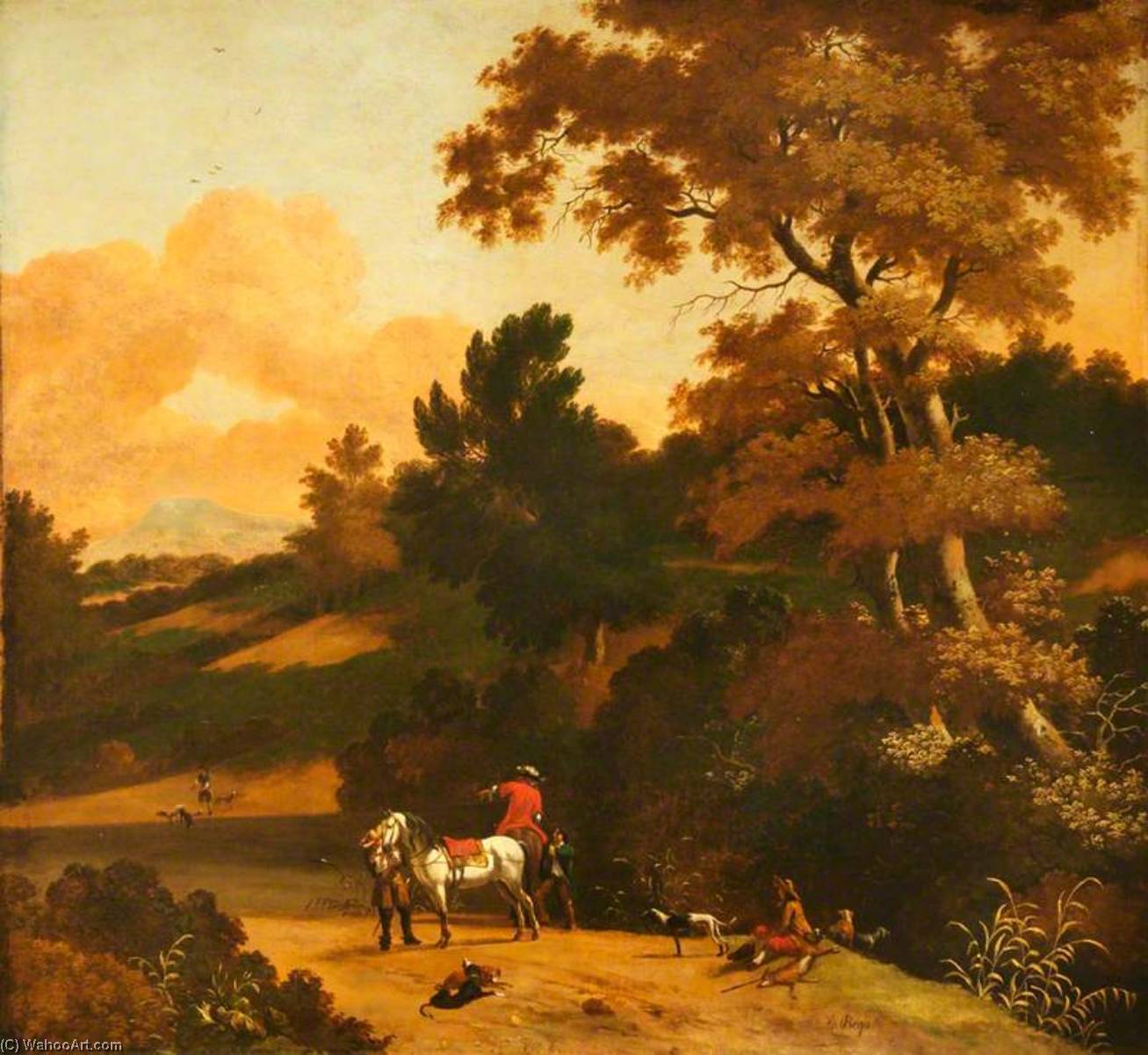 WikiOO.org – 美術百科全書 - 繪畫，作品 Dirck Van Den Bergen - 风景  与 数字 , 牛 , 羊  和 城堡  在 距离