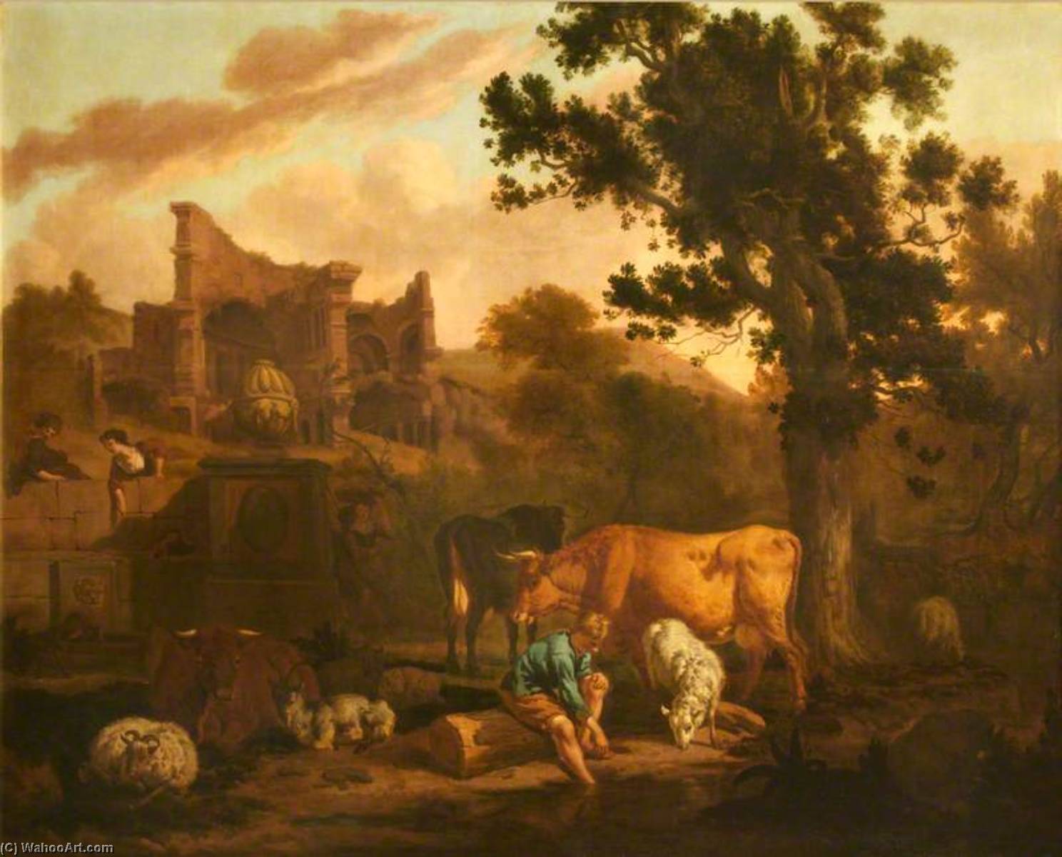 Wikioo.org - The Encyclopedia of Fine Arts - Painting, Artwork by Dirck Van Den Bergen - Landscape with Ruins, a Tomb, Herdsfolk, Sheep and Goats