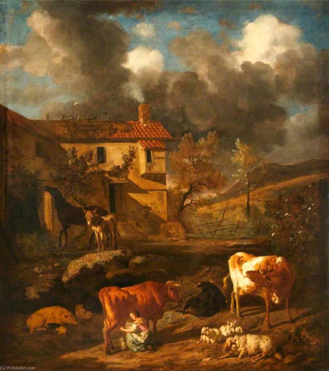 Wikioo.org - The Encyclopedia of Fine Arts - Painting, Artwork by Dirck Van Den Bergen - Landscape with a Milkmaid Milking a Cow, a Farm Dwelling, Cows, Sheep and a Donkey