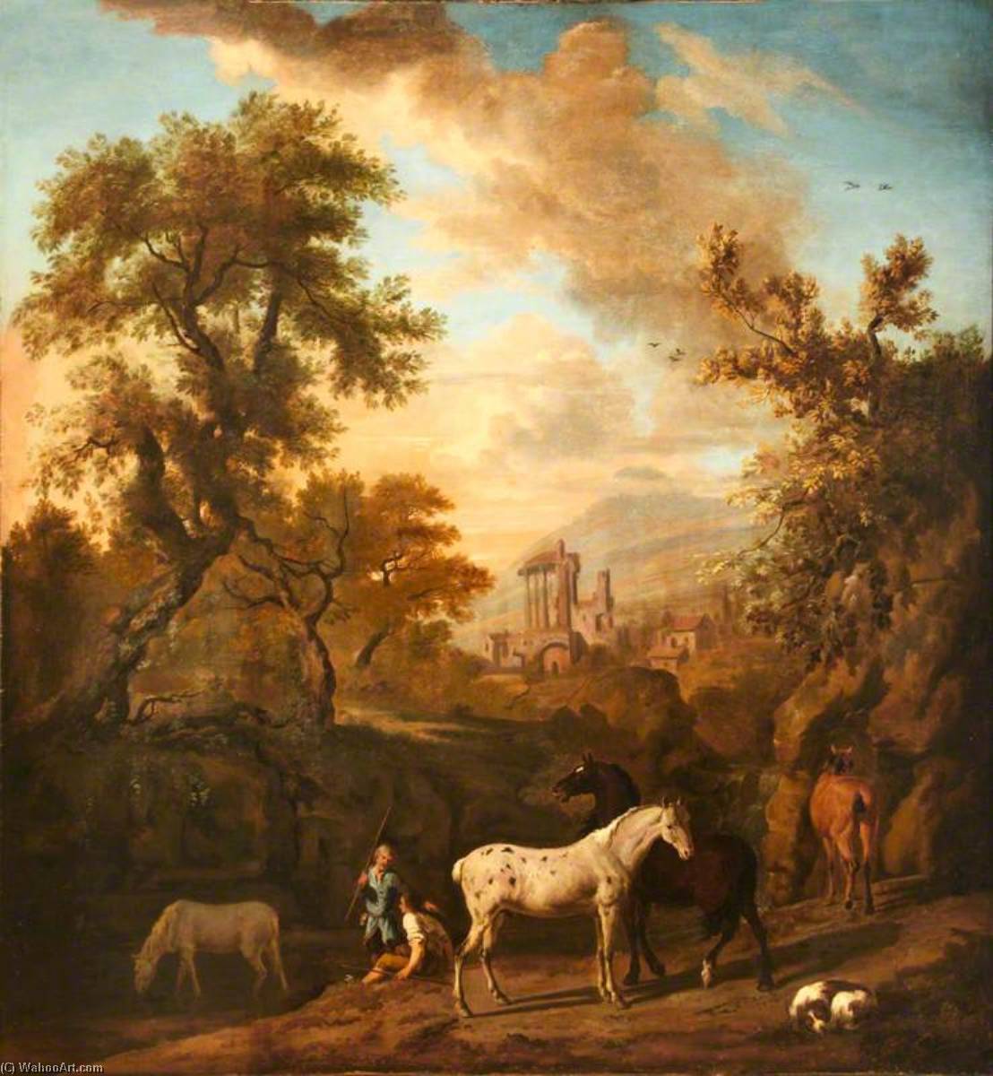 Wikioo.org - The Encyclopedia of Fine Arts - Painting, Artwork by Dirck Van Den Bergen - Landscape with Figures, Horses and a Dog, and Ruins in the Distance