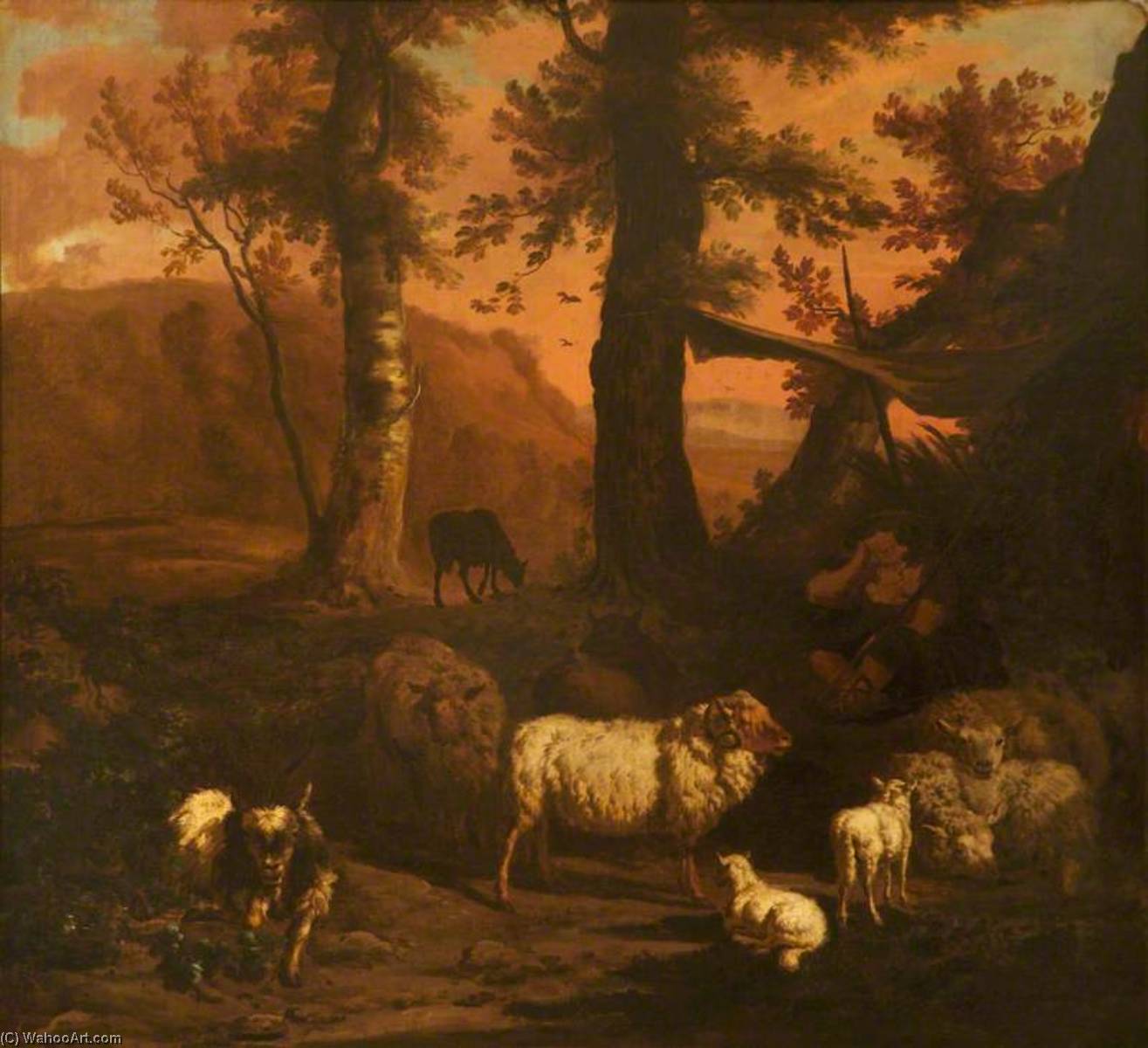 Wikioo.org - The Encyclopedia of Fine Arts - Painting, Artwork by Dirck Van Den Bergen - A Landscape with a Shepherd under an Awning Surrounded by Sheep and a Goat