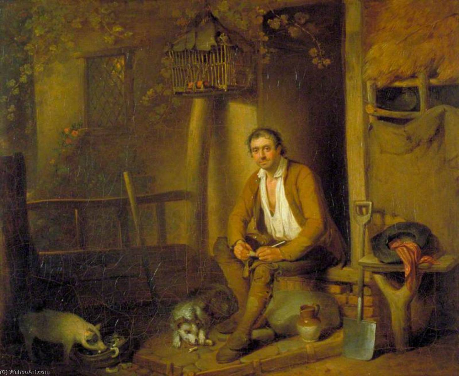 Wikioo.org - The Encyclopedia of Fine Arts - Painting, Artwork by William Redmore Bigg - A Cottage Exterior A Seated Labourer Filling His Pipe