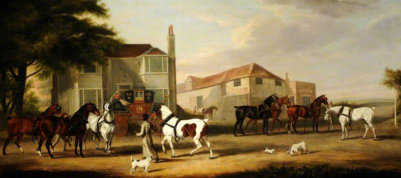 Wikioo.org - The Encyclopedia of Fine Arts - Painting, Artwork by William Henry Davis - Changing Horses, the Exeter to London Mail Sir Henry Paton, Bt, Leading the Horse