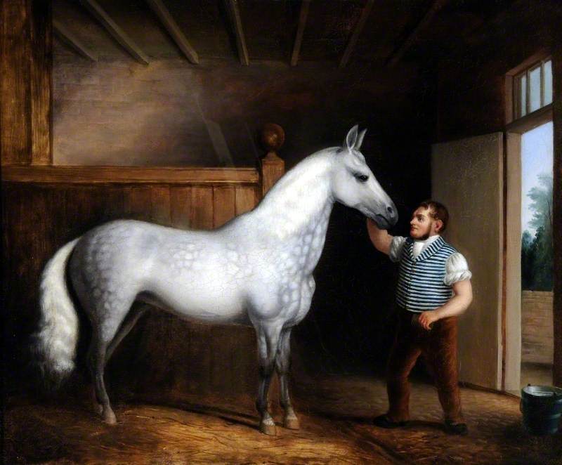 Wikioo.org - The Encyclopedia of Fine Arts - Painting, Artwork by James Poole - 'Cinderella', a Favourite Cob of Mrs Henry Walker's and Her Coachman William Sales