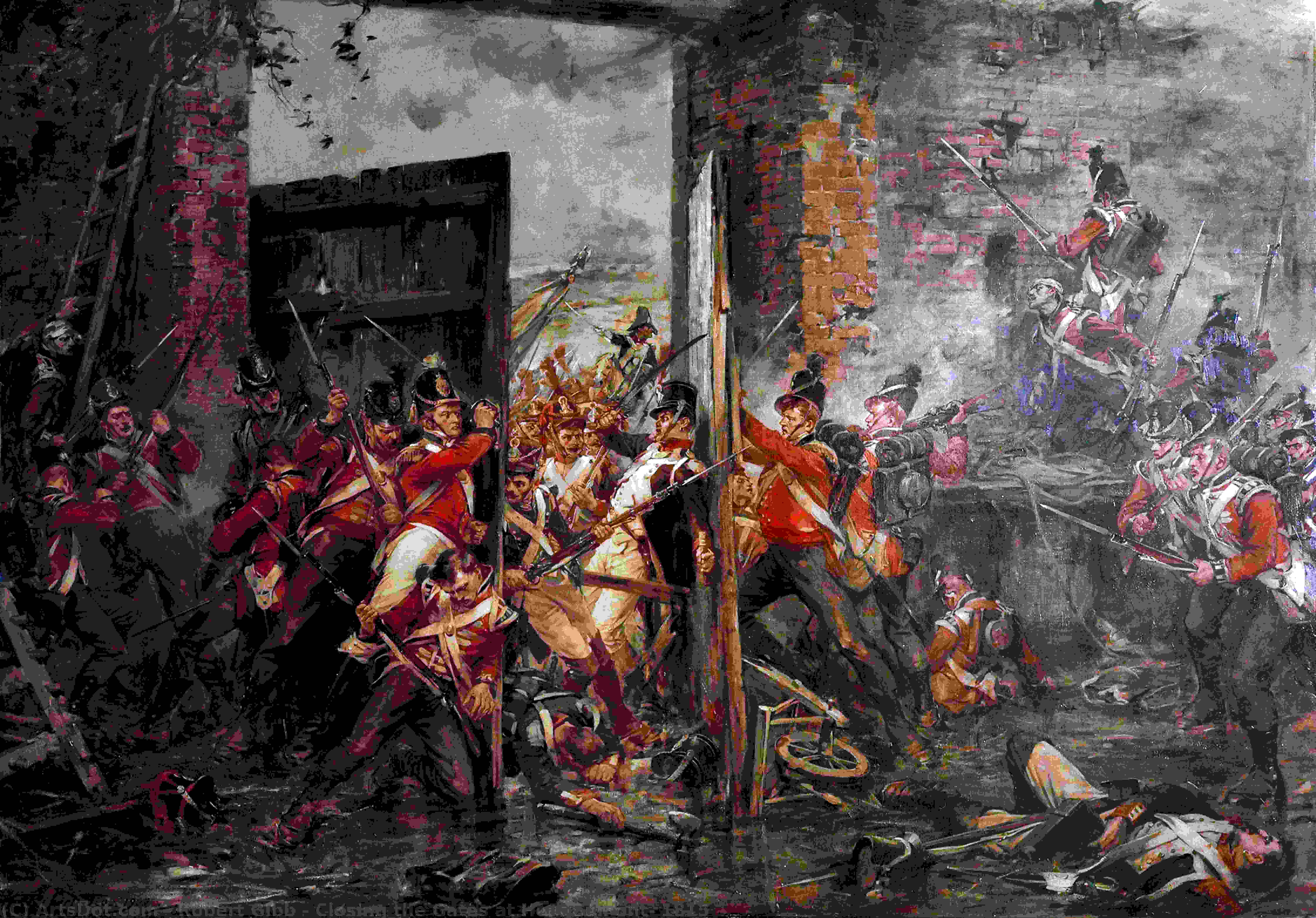 Wikoo.org - موسوعة الفنون الجميلة - اللوحة، العمل الفني Robert Gibb - Closing the Gates at Hougoumont, 1815
