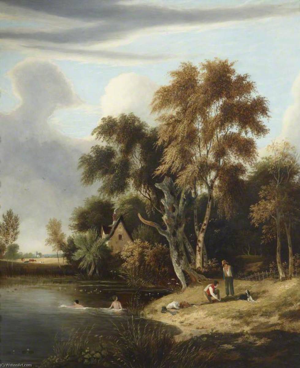 Wikioo.org - The Encyclopedia of Fine Arts - Painting, Artwork by Samuel David Colkett - A Cottage by a Pond, with Figures Swimming and on the Bank