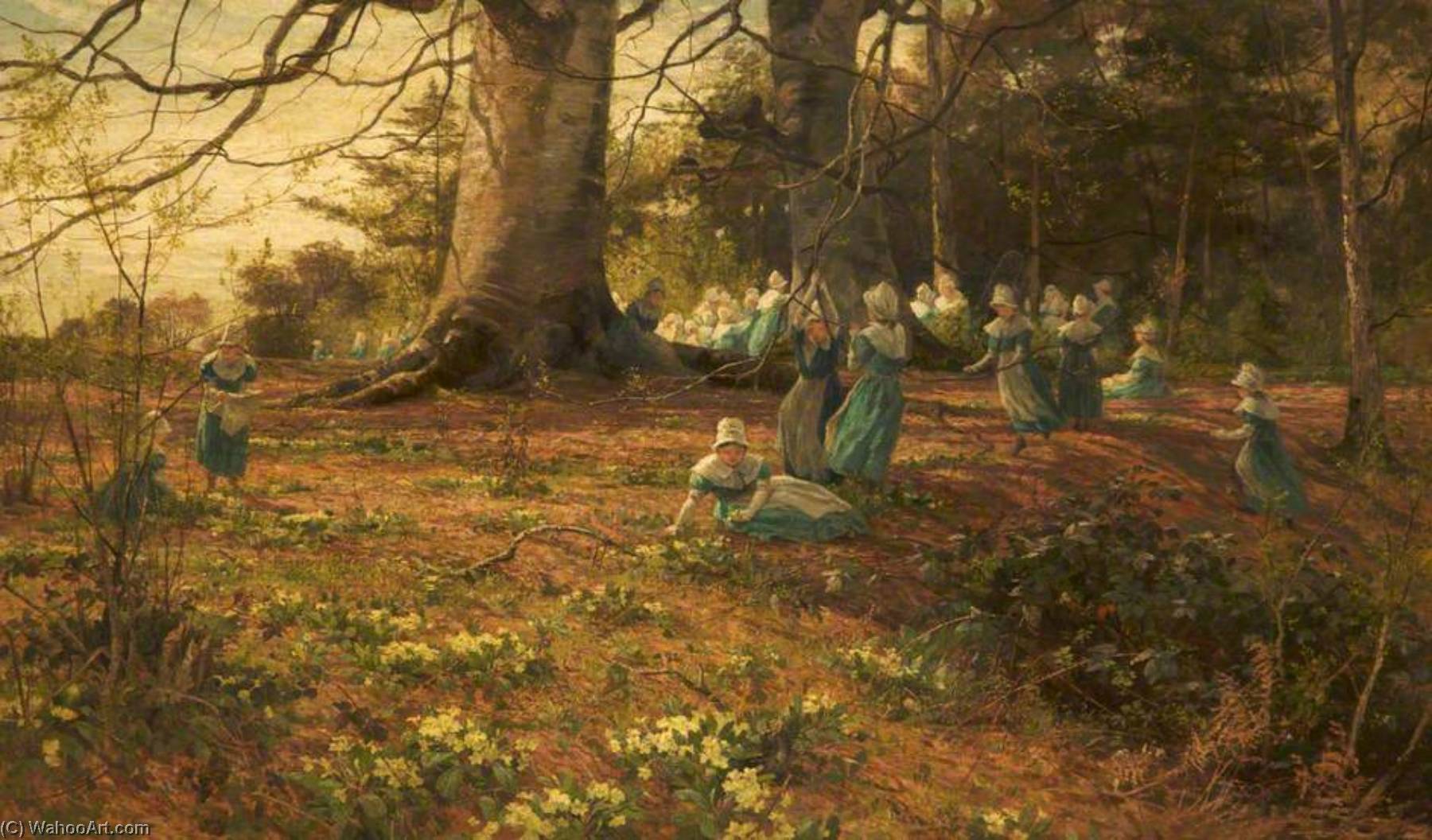 Wikioo.org - The Encyclopedia of Fine Arts - Painting, Artwork by James Aumonier - An Easter Holiday, the Children of Bloomsbury Parochial School in a Wood at Watford