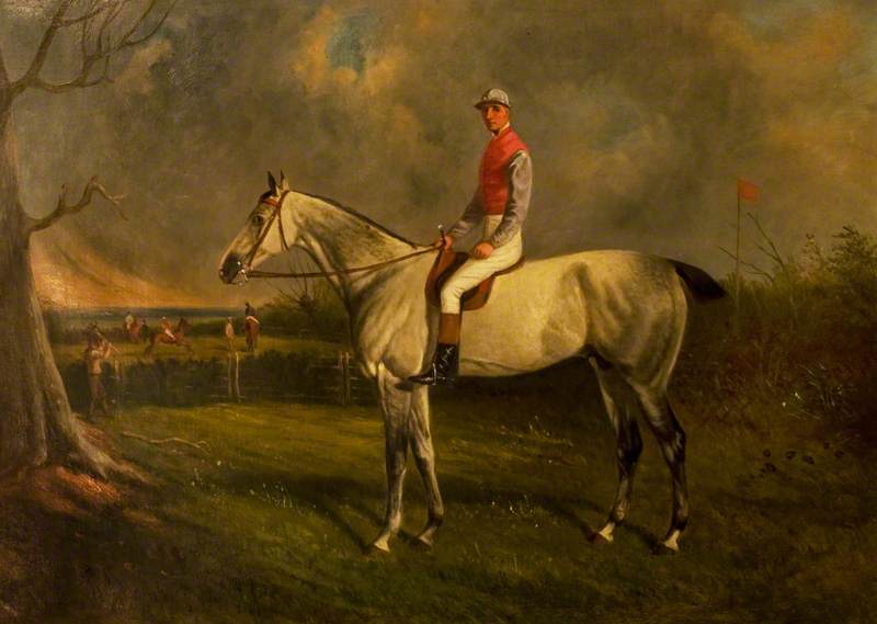 Wikioo.org - The Encyclopedia of Fine Arts - Painting, Artwork by John Duvall - 'Scot Guard', a Grey, with Jockey Up in a Landscape