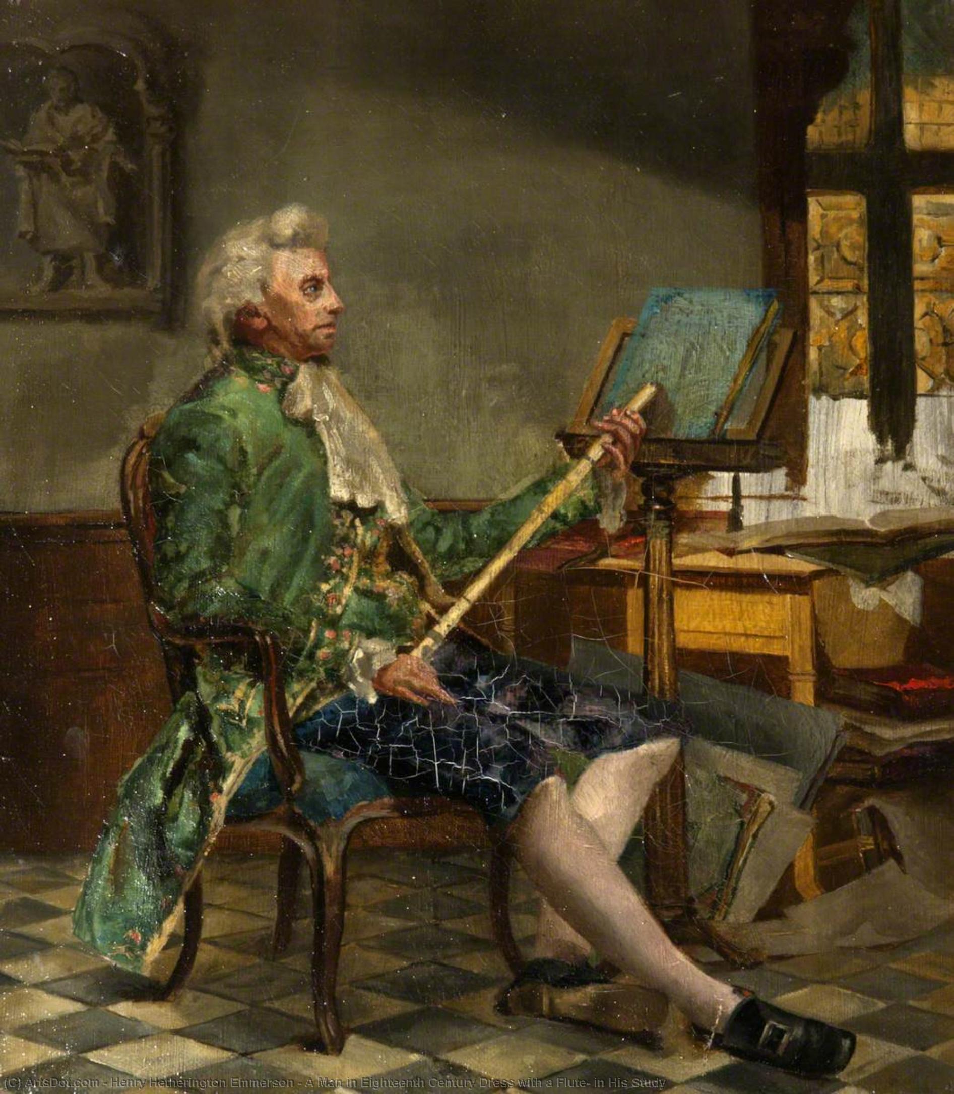 Wikioo.org - The Encyclopedia of Fine Arts - Painting, Artwork by Henry Hetherington Emmerson - A Man in Eighteenth Century Dress with a Flute, in His Study