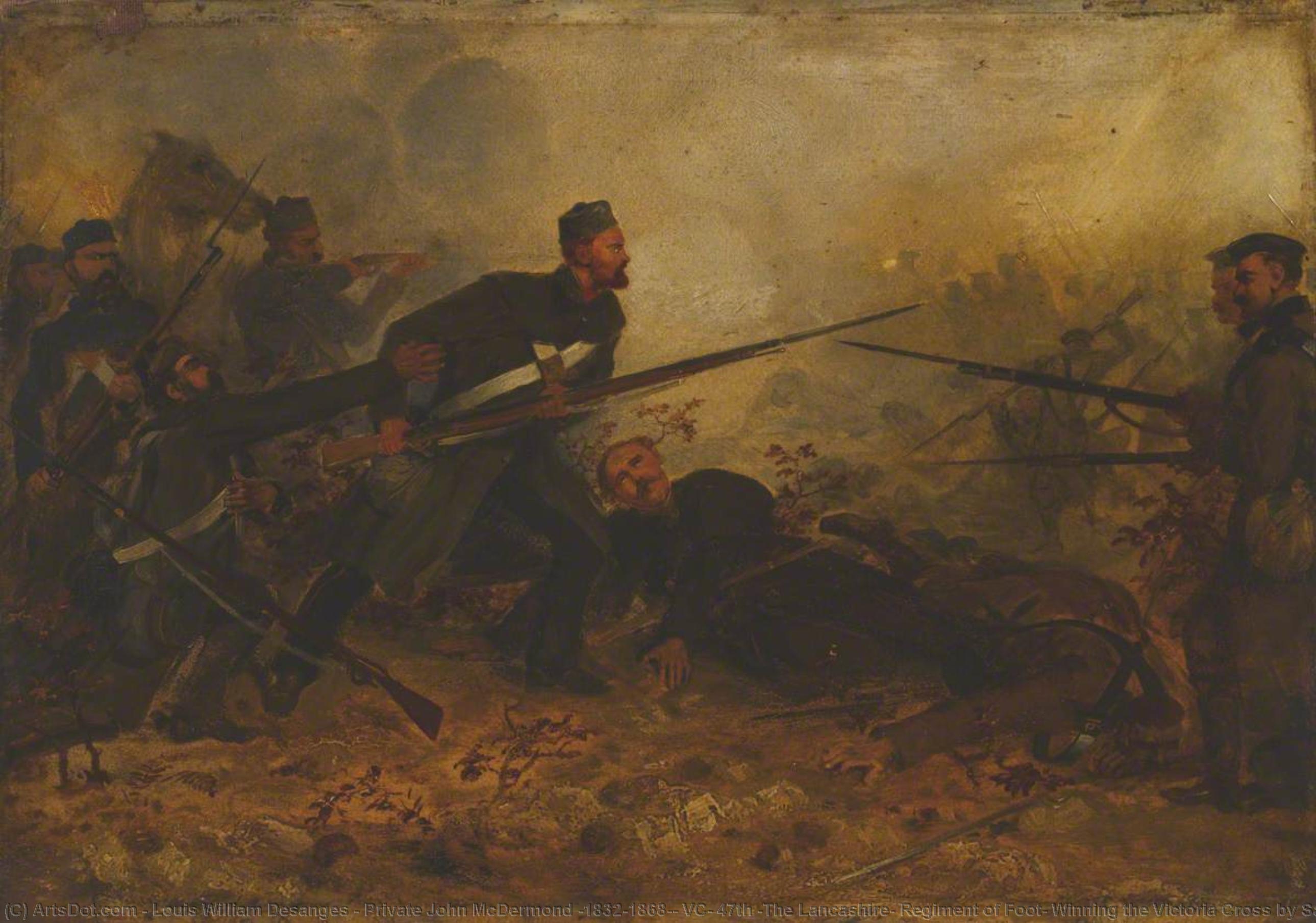 Wikioo.org - The Encyclopedia of Fine Arts - Painting, Artwork by Louis William Desanges - Private John McDermond (1832–1868), VC, 47th (The Lancashire) Regiment of Foot, Winning the Victoria Cross by Saving Colonel Haly, His Commanding Officer, at Inkerman, on 5 November 1854