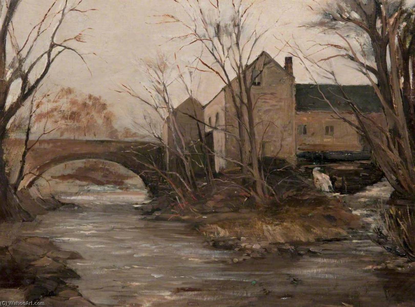 Wikioo.org - The Encyclopedia of Fine Arts - Painting, Artwork by John Elliot Maguire - Waterfoot Mill and Bridge