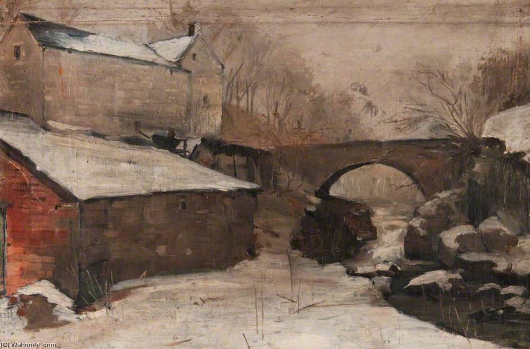Wikioo.org - The Encyclopedia of Fine Arts - Painting, Artwork by John Elliot Maguire - Winter Scene with a Bridge and a Mill (Craigmill)