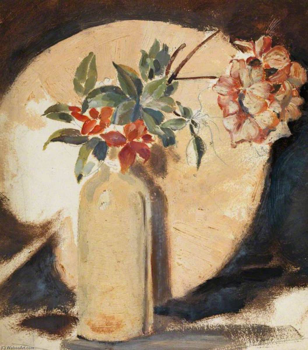 Wikioo.org – La Enciclopedia de las Bellas Artes - Pintura, Obras de arte de Beatrix Whistler - bodegón con Un  ventilador  abridordetapones  asícomo  flores