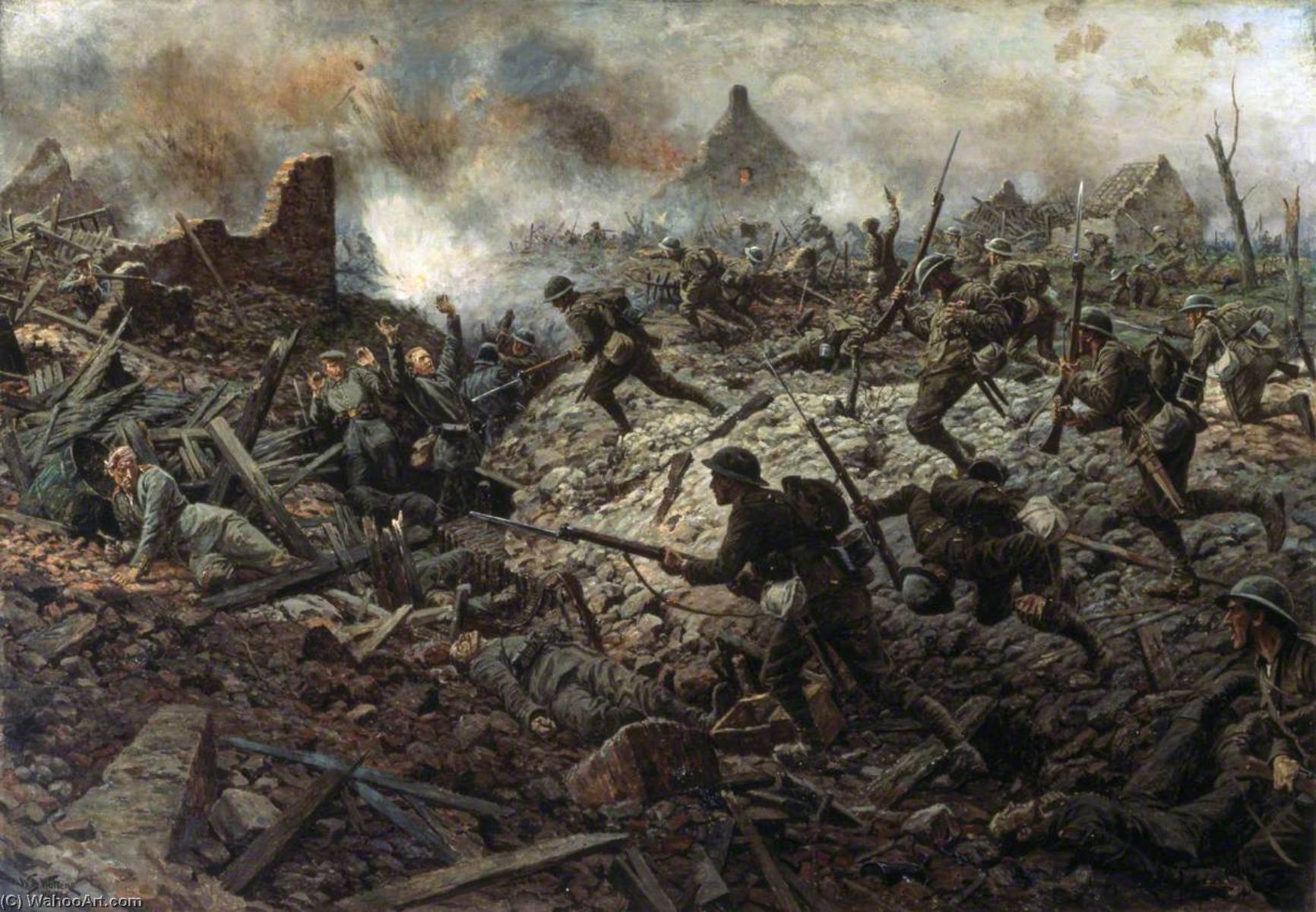 Wikioo.org - The Encyclopedia of Fine Arts - Painting, Artwork by William Barns Wollen - The Territorials at Pozières, 23 July 1916