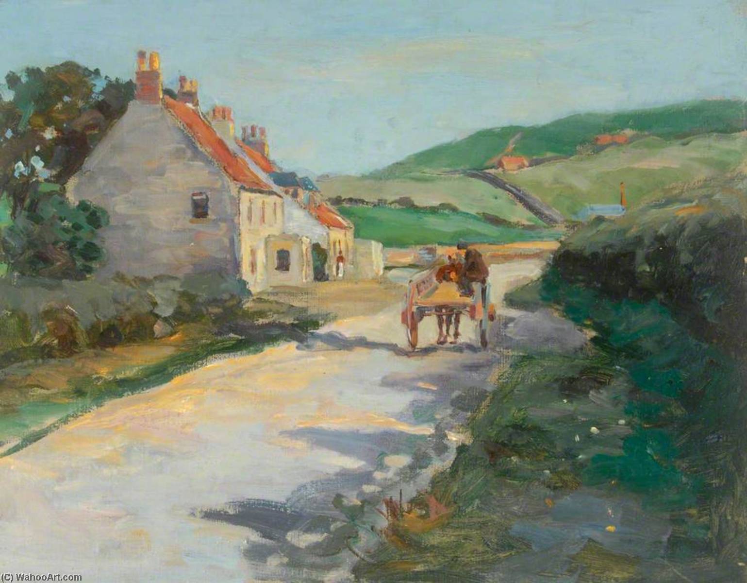 Wikioo.org - The Encyclopedia of Fine Arts - Painting, Artwork by William Henry Charlton - Horse, Cart and Cottages