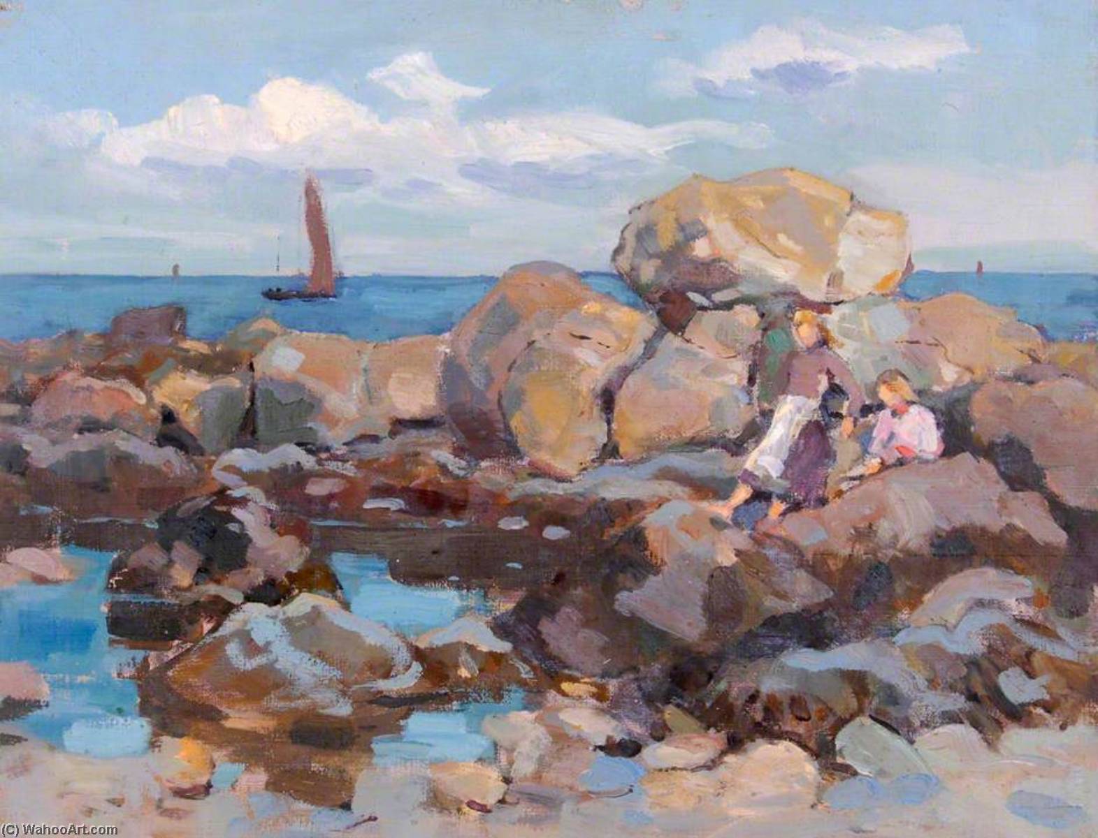 Wikioo.org - The Encyclopedia of Fine Arts - Painting, Artwork by William Henry Charlton - Rockpool and a Boat