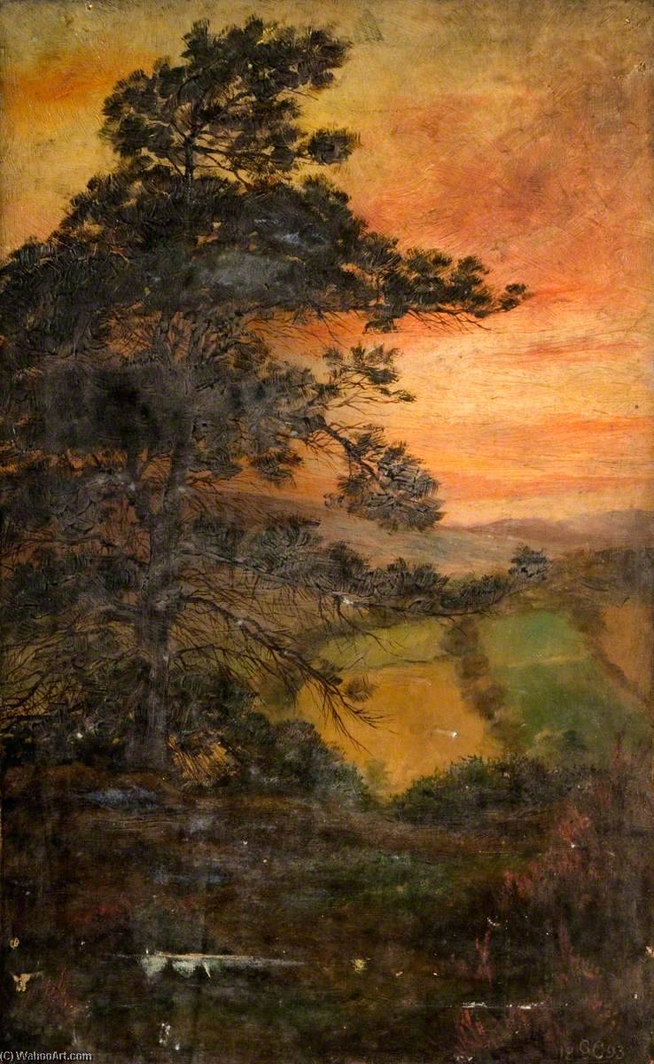 Wikioo.org - The Encyclopedia of Fine Arts - Painting, Artwork by George Cartlidge - Landscape with a Tree at Sunset