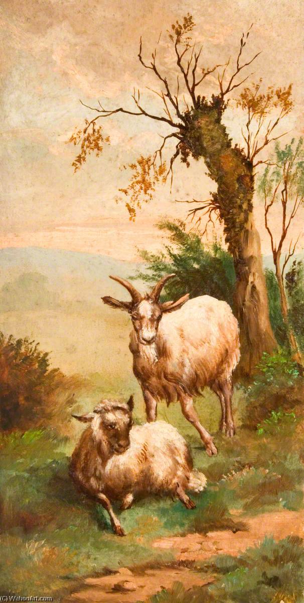 Wikioo.org - The Encyclopedia of Fine Arts - Painting, Artwork by George Cartlidge - Two Goats in a Field by a Tree