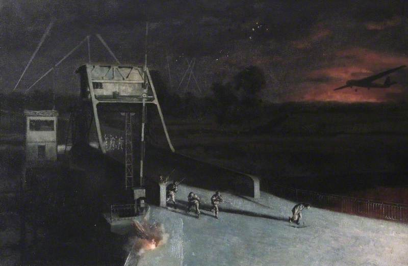 Wikioo.org - The Encyclopedia of Fine Arts - Painting, Artwork by Norman Hepple - Glider Borne Landing and the Capture of Bénouville Bridge, Normandy, France, by the 2nd Battalion (52nd) of the Oxfordshire Buckinghamshire Light Infantry, the First Formed Body of British Troops to Reach Normandy on D Day, 0016Hrs, 6 June 1944