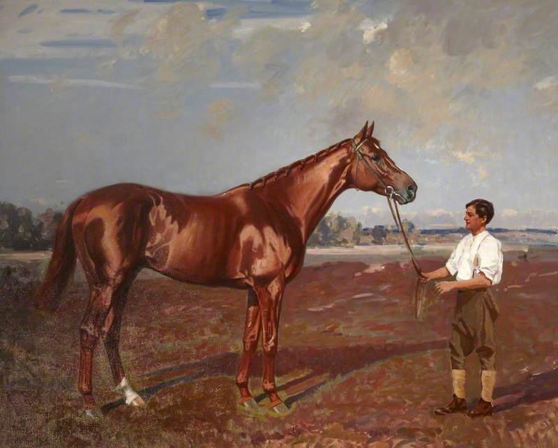 Wikioo.org - The Encyclopedia of Fine Arts - Painting, Artwork by James Lynwood Palmer - 'Nenemoosha', a Chestnut Racehorse on a Heath with a Groom