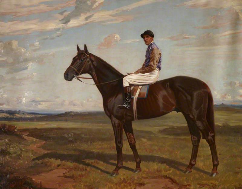 Wikioo.org - The Encyclopedia of Fine Arts - Painting, Artwork by James Lynwood Palmer - 'Polemarch', a Bay Racehorse on a Heath, with Jockey Up
