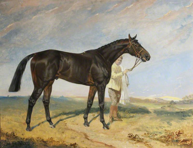 Wikioo.org - The Encyclopedia of Fine Arts - Painting, Artwork by James Lynwood Palmer - 'Columcille', a Dark Bay Racehorse, Held by a Groom in a Landscape