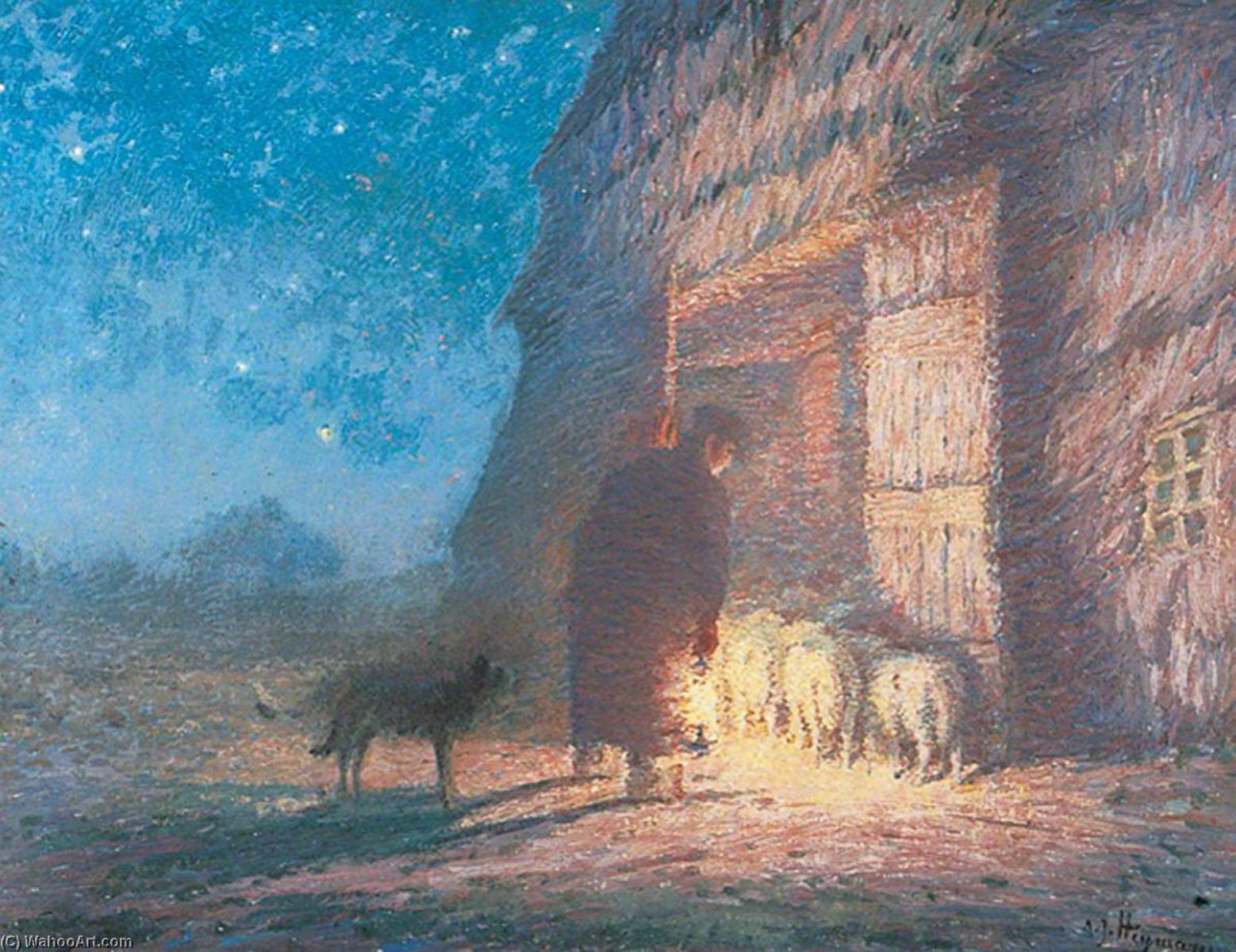 Wikioo.org - The Encyclopedia of Fine Arts - Painting, Artwork by Adriaan Josef Heymans - Shepherd Putting in His Sheep