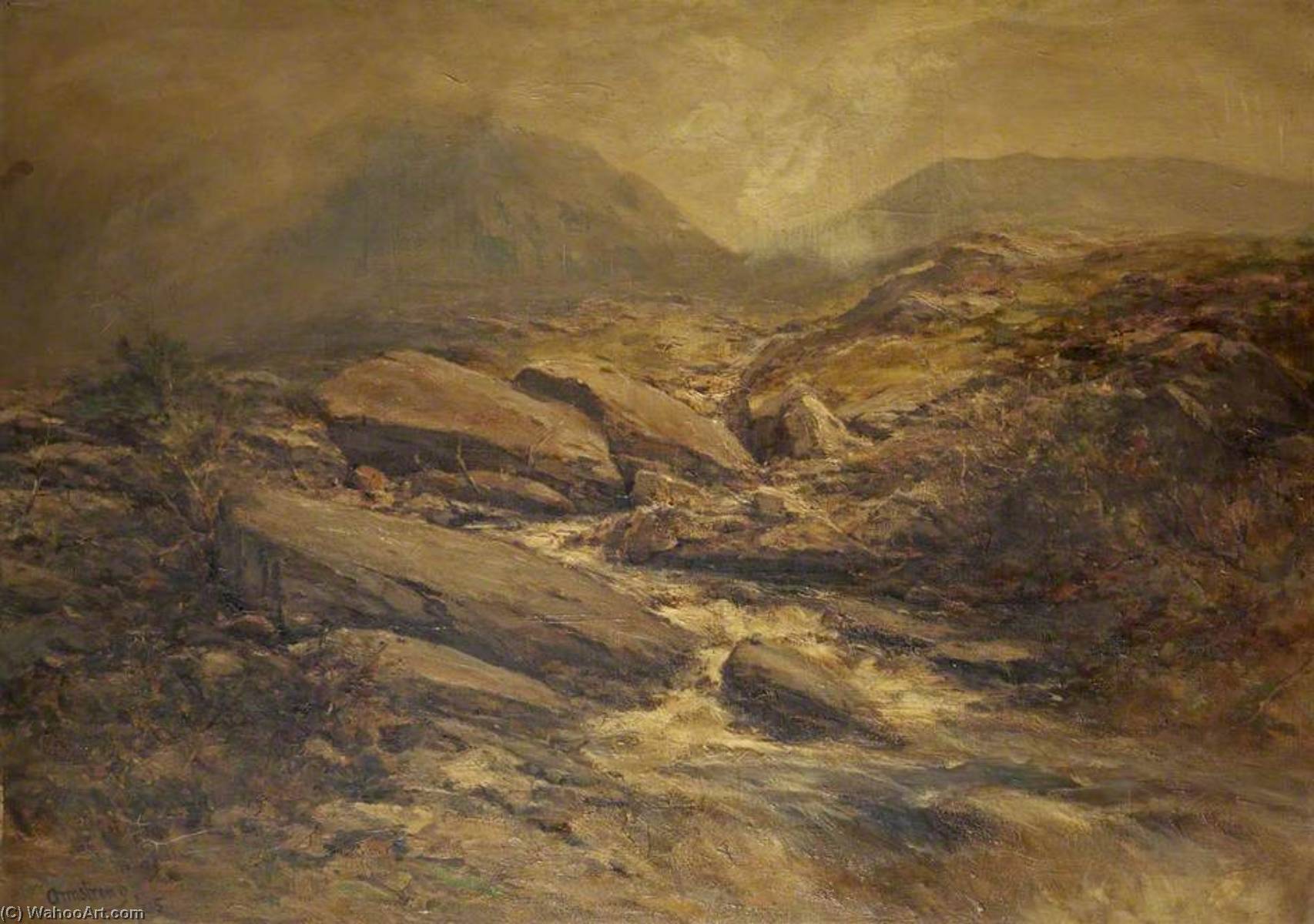 Wikioo.org - The Encyclopedia of Fine Arts - Painting, Artwork by Francis Abel William Taylor Armstrong - A River Scene with Rocks in the Foreground and Hills Beyond