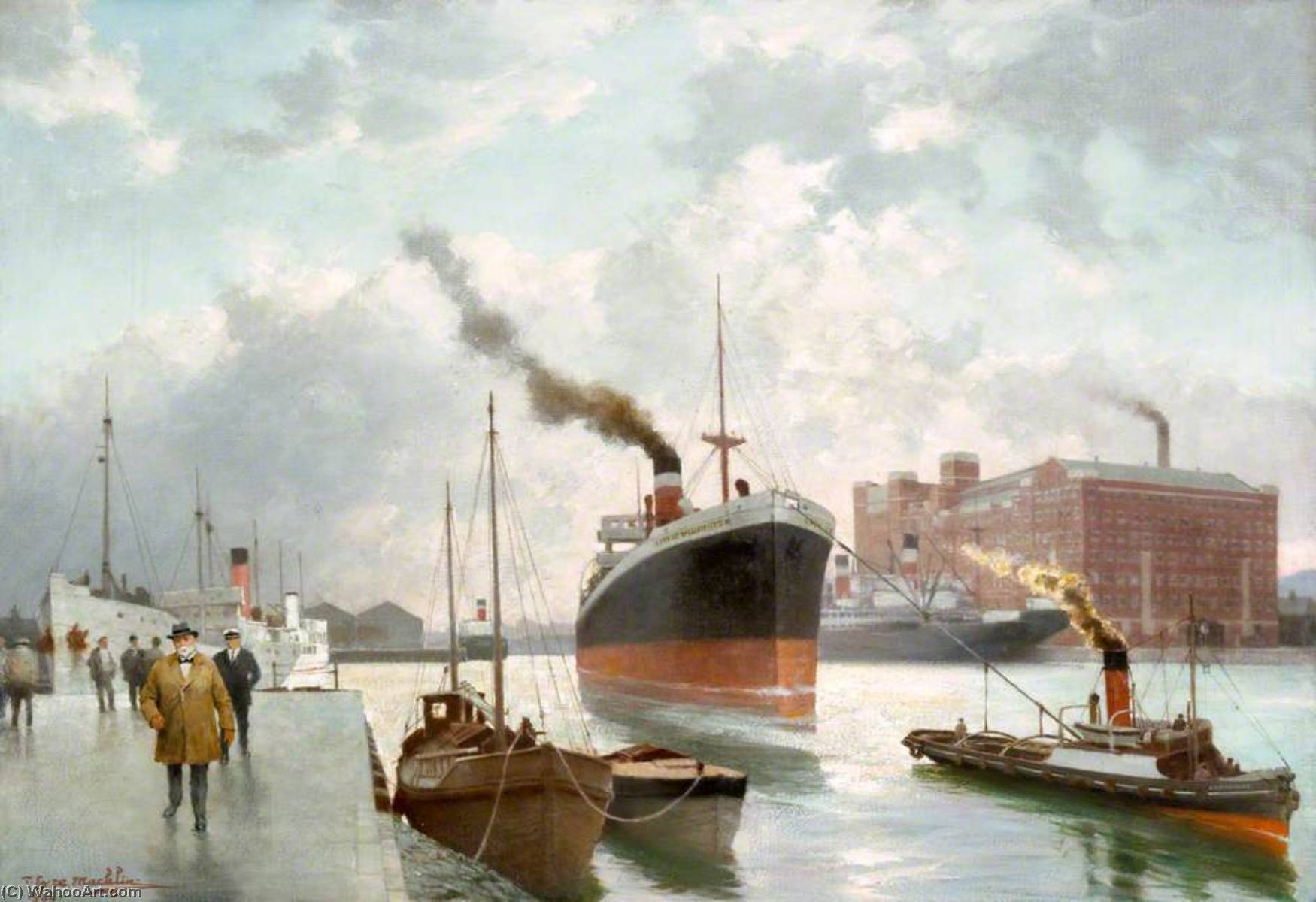Wikioo.org - The Encyclopedia of Fine Arts - Painting, Artwork by Thomas Eyre Macklin - Pollock Dock, The Steamer 'City of Wellington' Being Tugged