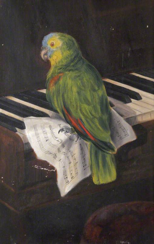 Wikioo.org - The Encyclopedia of Fine Arts - Painting, Artwork by Rosalie Chichester - 'Polly' the Parrot, Sitting on a Music Score on the Keys of a Piano
