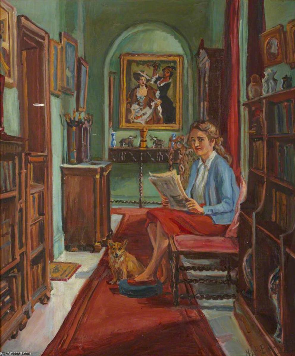 Wikioo.org - The Encyclopedia of Fine Arts - Painting, Artwork by Marie Louise Roosevelt Pierrepont - Cliffe Castle Interior ( ), with a Seated Girl and Dog