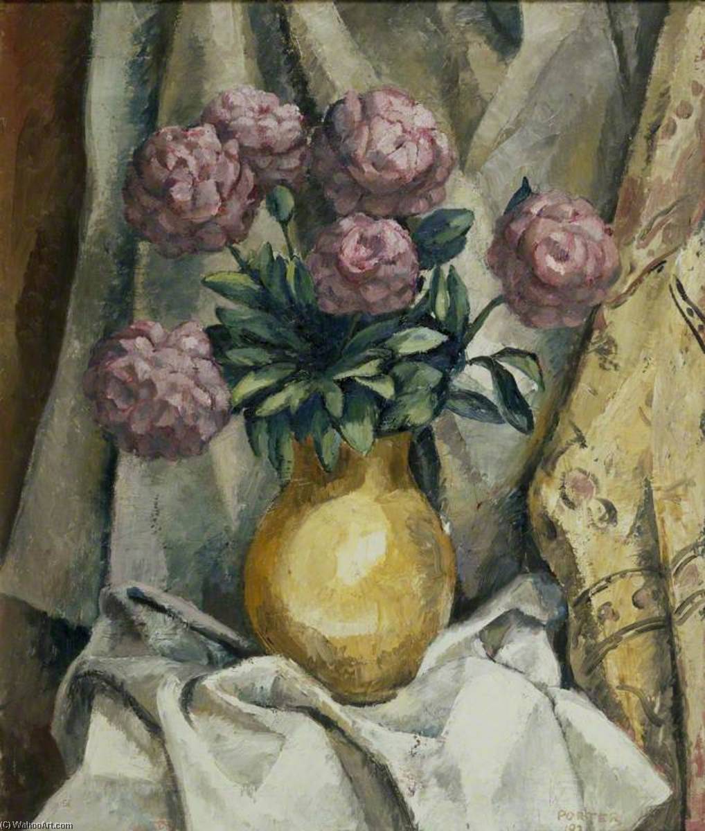 Wikioo.org - The Encyclopedia of Fine Arts - Painting, Artwork by Frederick James Porter - Peonies in a yellow Vase