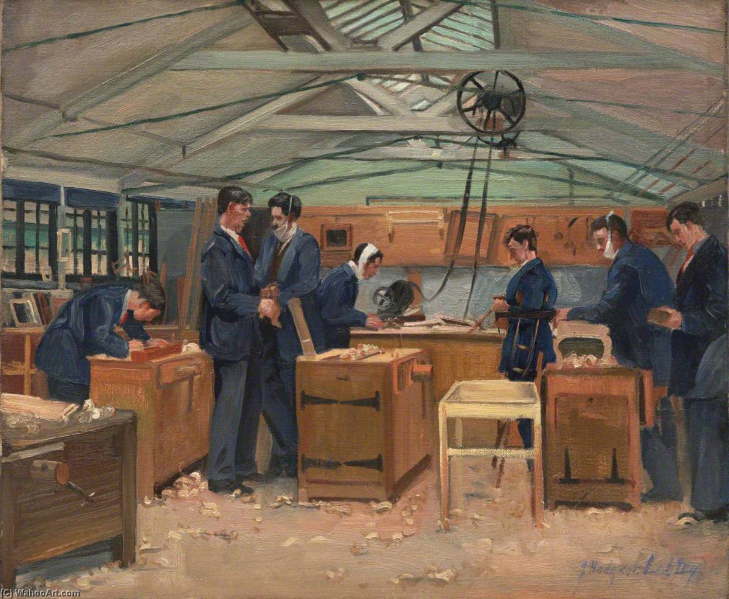 Wikioo.org - The Encyclopedia of Fine Arts - Painting, Artwork by John Hodgson Lobley - The Queen's Hospital for Facial Injuries, Frognal, Sidcup The Carpenters' Shop