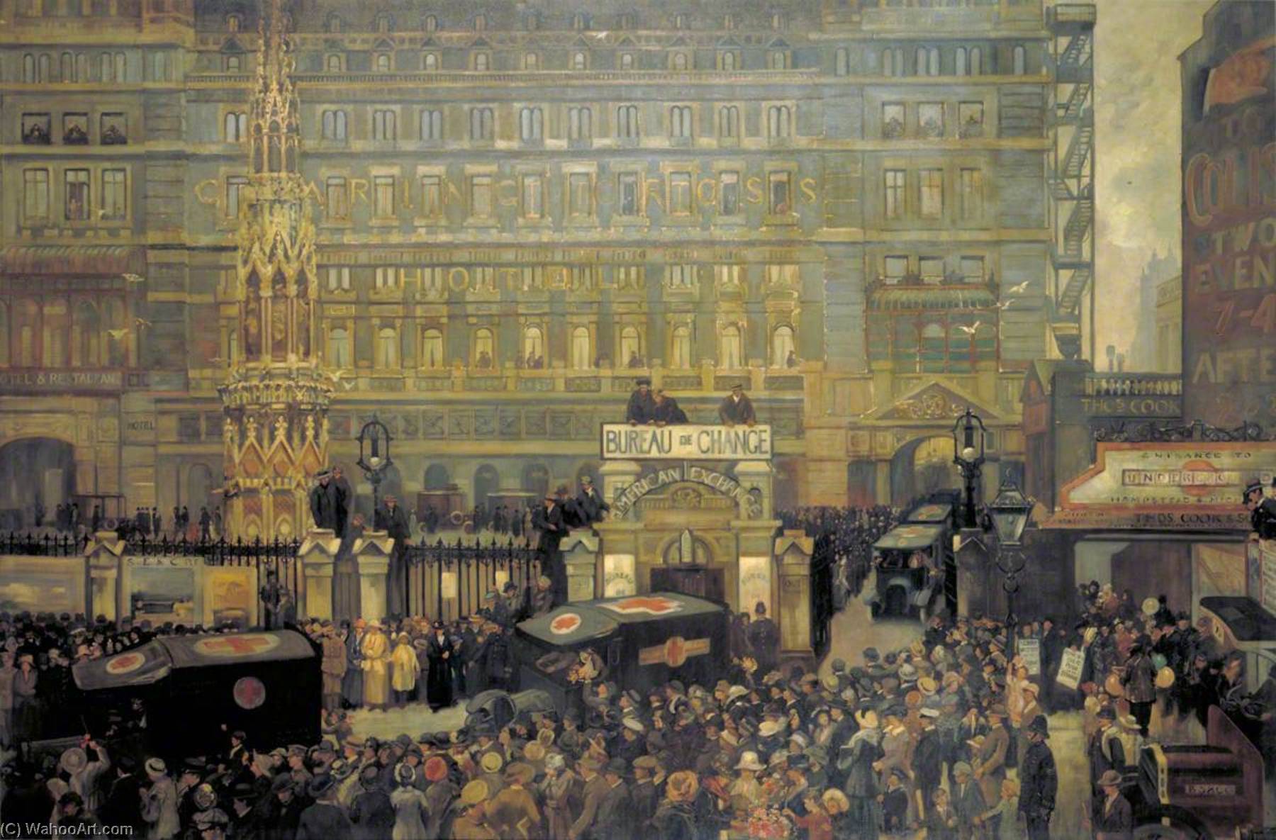 Wikioo.org - The Encyclopedia of Fine Arts - Painting, Artwork by John Hodgson Lobley - Outside Charing Cross Station, July 1916 Casualties from the Battle of the Somme Arriving in London