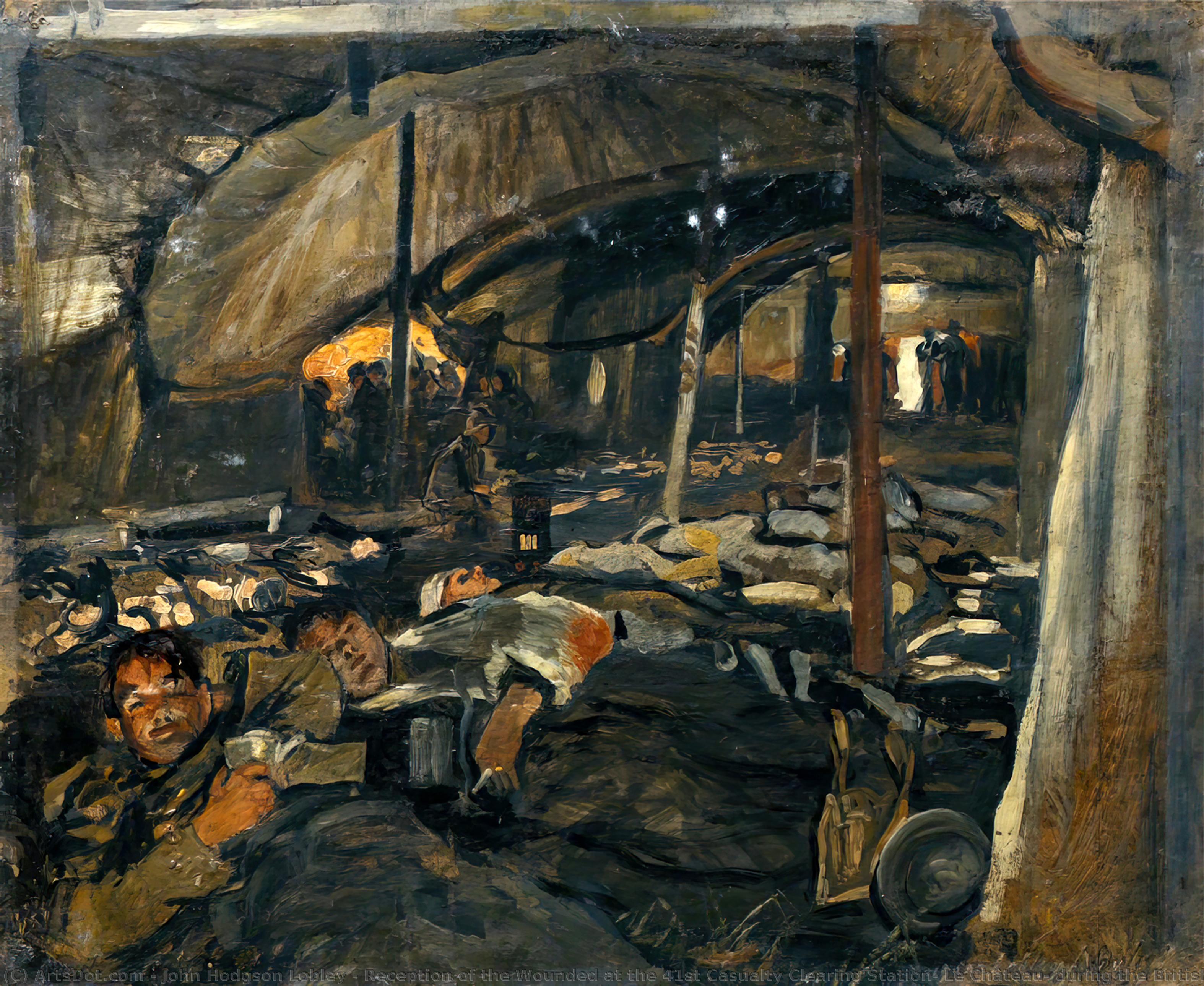 Wikioo.org - The Encyclopedia of Fine Arts - Painting, Artwork by John Hodgson Lobley - Reception of the Wounded at the 41st Casualty Clearing Station, Le Château, during the British Advance in October 1918