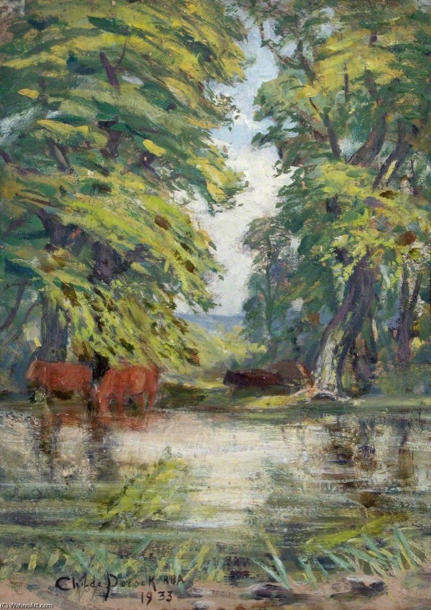 WikiOO.org - Encyclopedia of Fine Arts - Lukisan, Artwork Henry Childe Pocock - Cattle by a Pond
