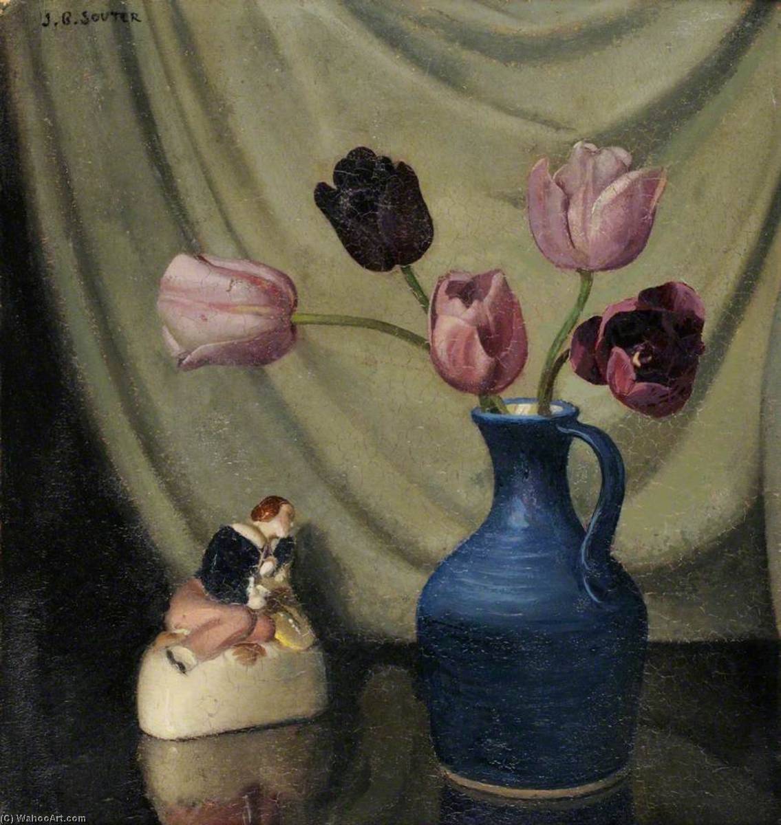 Wikioo.org - The Encyclopedia of Fine Arts - Painting, Artwork by John Bulloch Souter - Still Life with Purple Tulips and a Figurine