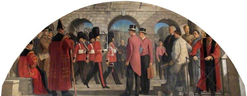 Wikioo.org - The Encyclopedia of Fine Arts - Painting, Artwork by Alfred Kingsley Lawrence - The Old Threadneedle Street Courtyard with the Guard Arriving at the Bank